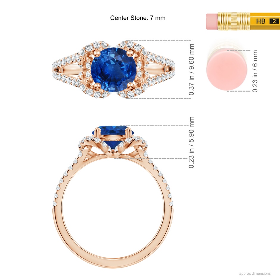 7mm AAA Classic Round Blue Sapphire Couture Engagement Ring in Rose Gold ruler