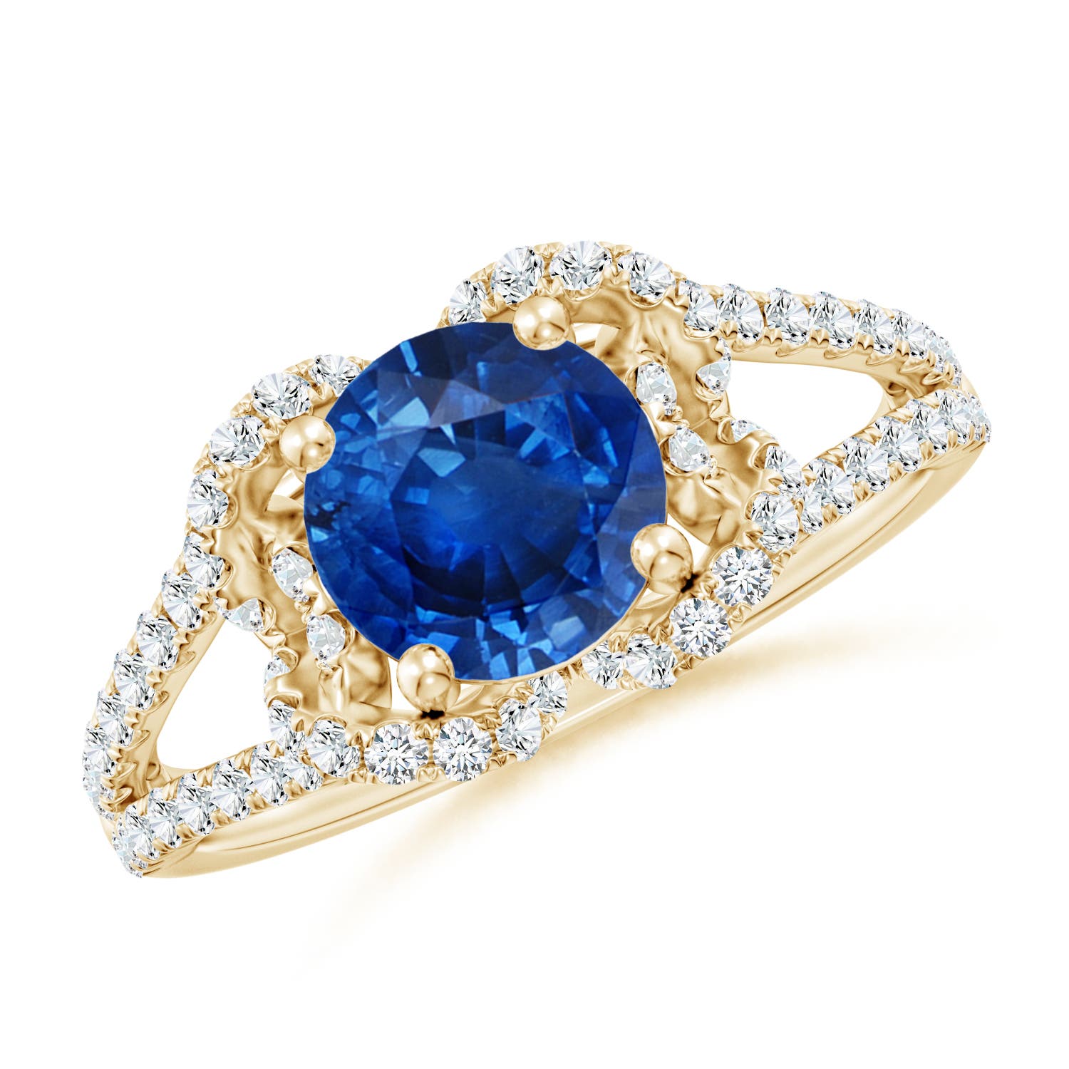 7mm AAA Classic Round Blue Sapphire Couture Engagement Ring in Yellow Gold