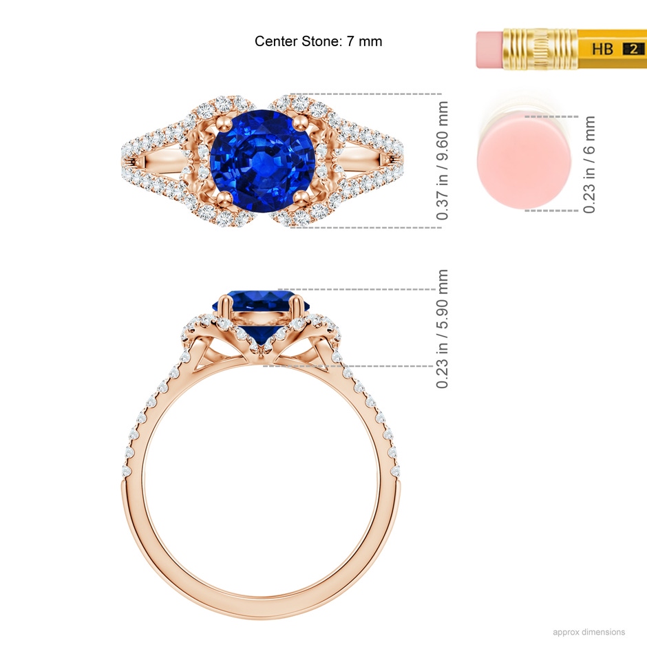 7mm Lab-Grown Classic Round Blue Sapphire Couture Engagement Ring in 18K Rose Gold ruler