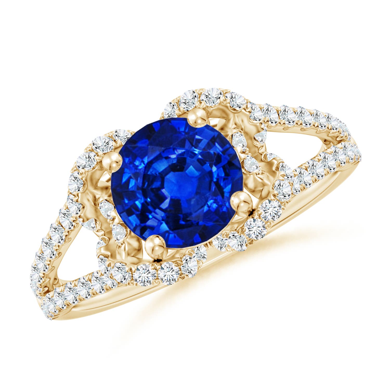 7mm AAAA Classic Round Blue Sapphire Couture Engagement Ring in 18K Yellow Gold