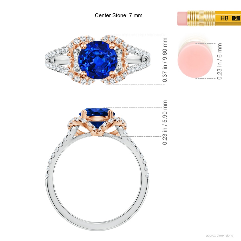 7mm AAAA Classic Round Blue Sapphire Couture Engagement Ring in White Gold Rose Gold ruler
