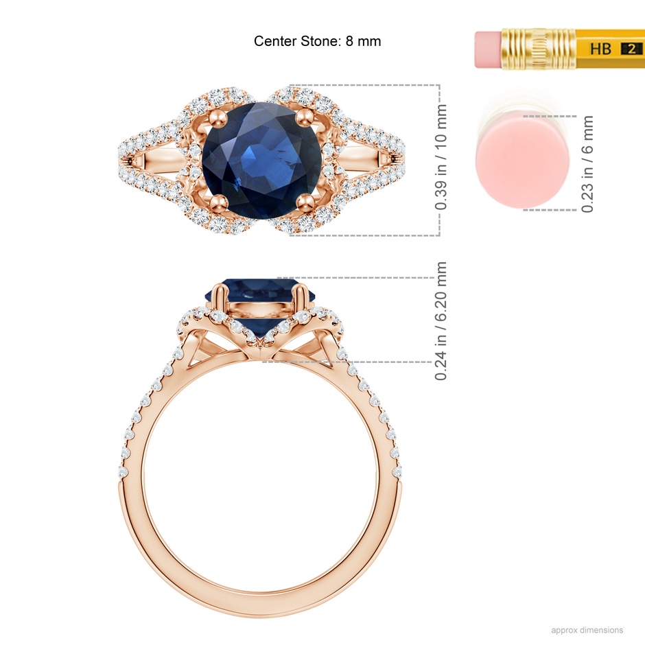 8mm AA Classic Round Blue Sapphire Couture Engagement Ring in Rose Gold ruler
