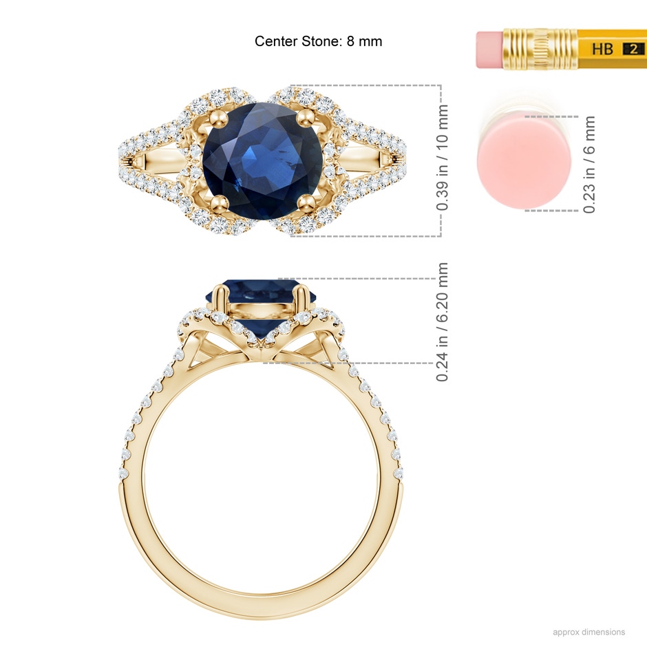 8mm AA Classic Round Blue Sapphire Couture Engagement Ring in Yellow Gold ruler