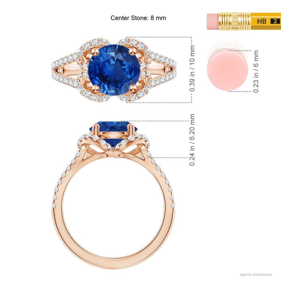 8mm AAA Classic Round Blue Sapphire Couture Engagement Ring in Rose Gold ruler