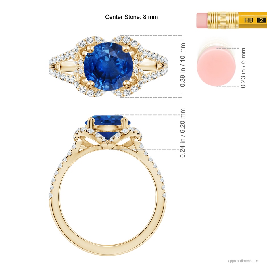 8mm AAA Classic Round Blue Sapphire Couture Engagement Ring in Yellow Gold ruler