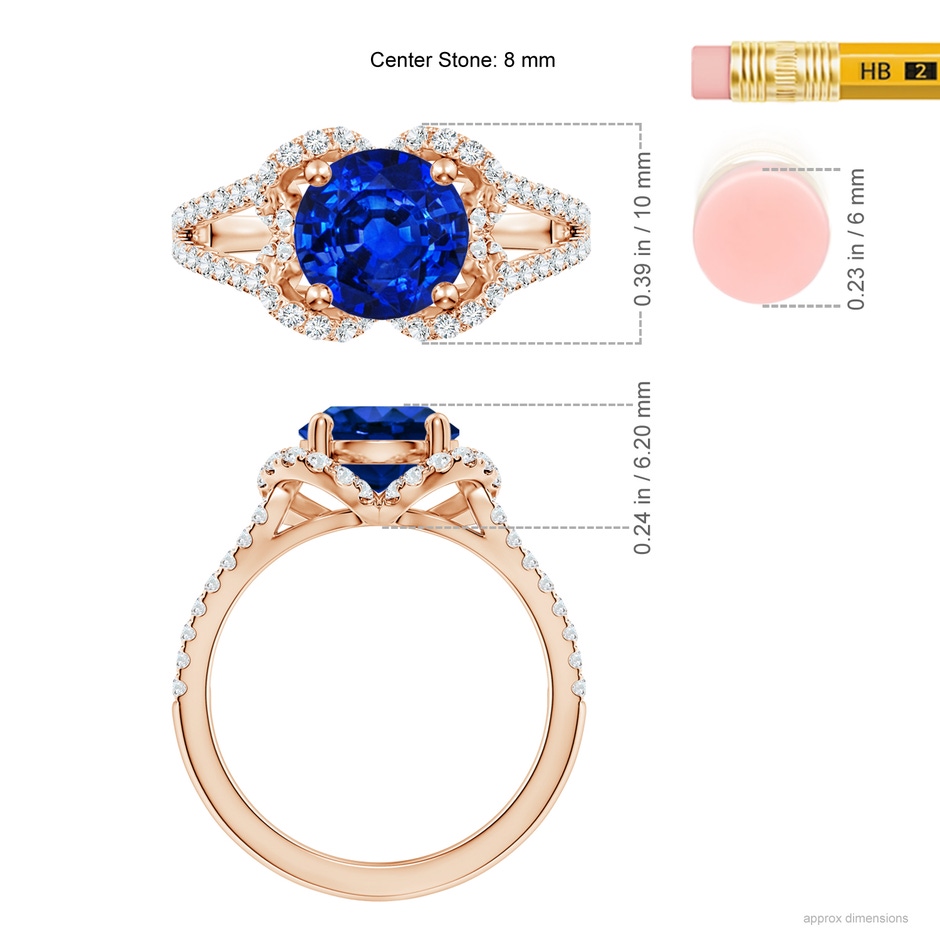 8mm AAAA Classic Round Blue Sapphire Couture Engagement Ring in 18K Rose Gold ruler