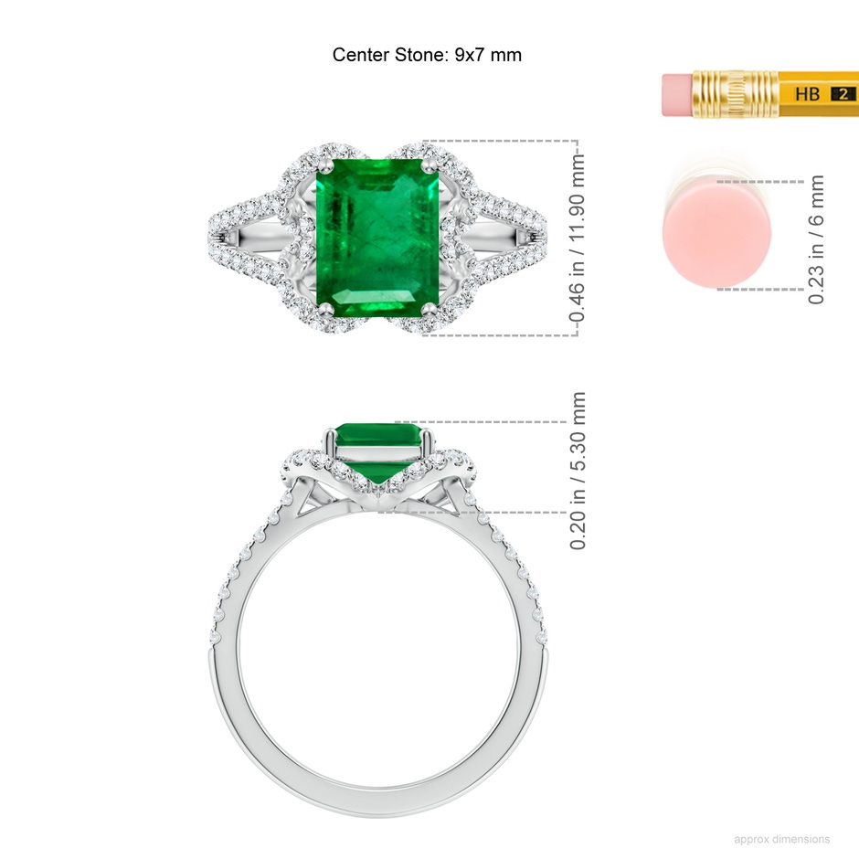 9x7mm AAA Classic Emerald-Cut Emerald Couture Engagement Ring in White Gold ruler