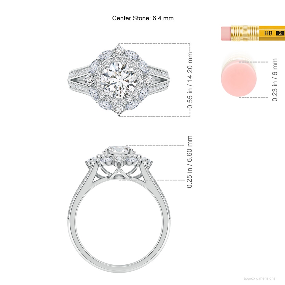 6.4mm HSI2 Ornate Round Diamond Halo Engagement Ring in White Gold ruler