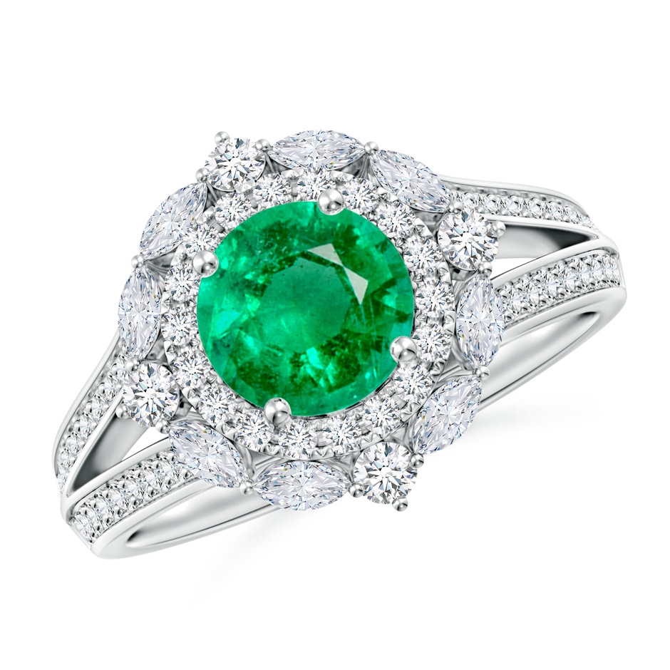 6.5mm AAA Ornate Round Emerald Halo Engagement Ring in White Gold 