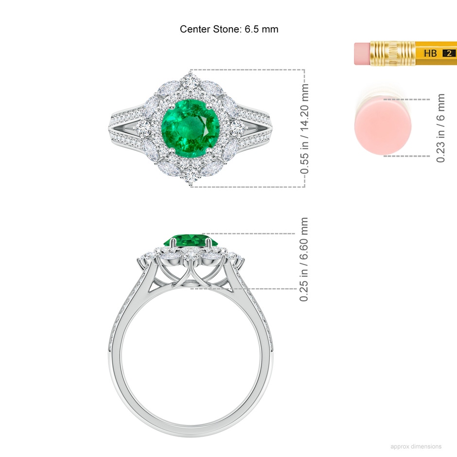 6.5mm AAA Ornate Round Emerald Halo Engagement Ring in White Gold ruler