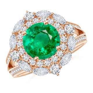 8mm AAA Ornate Round Emerald Halo Engagement Ring in 9K Rose Gold