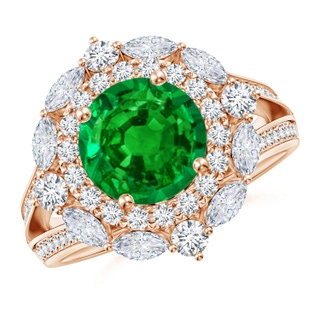 8mm AAAA Ornate Round Emerald Halo Engagement Ring in 18K Rose Gold