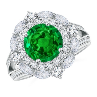 8mm AAAA Ornate Round Emerald Halo Engagement Ring in P950 Platinum