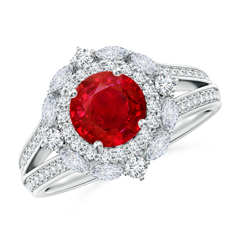 6.5mm AAA Ornate Round Ruby Halo Engagement Ring in White Gold 