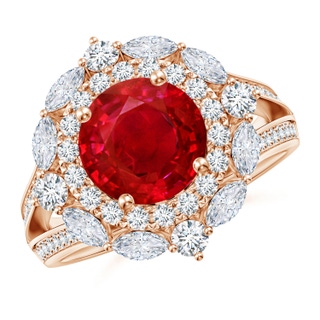 8mm AAA Ornate Round Ruby Halo Engagement Ring in 10K Rose Gold