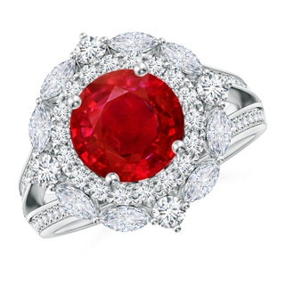 8mm AAA Ornate Round Ruby Halo Engagement Ring in P950 Platinum