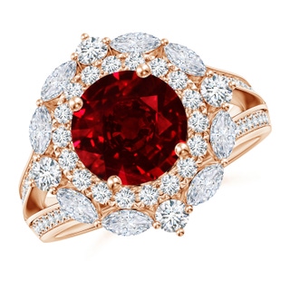 8mm AAAA Ornate Round Ruby Halo Engagement Ring in 10K Rose Gold