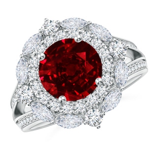 8mm AAAA Ornate Round Ruby Halo Engagement Ring in P950 Platinum