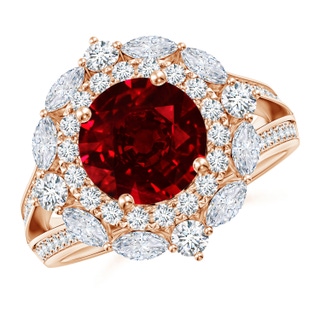 8mm AAAA Ornate Round Ruby Halo Engagement Ring in Rose Gold