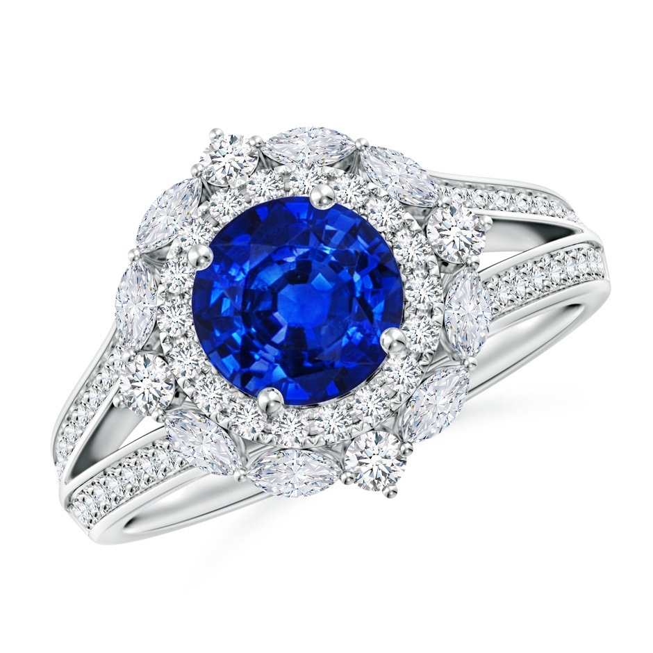 6.5mm Lab-Grown Ornate Round Blue Sapphire Halo Engagement Ring in White Gold 