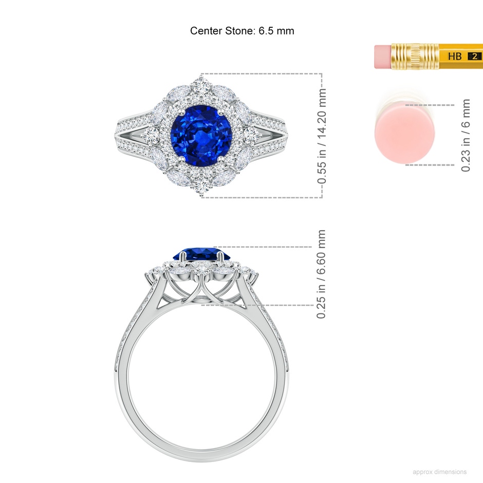 6.5mm Lab-Grown Ornate Round Blue Sapphire Halo Engagement Ring in White Gold ruler