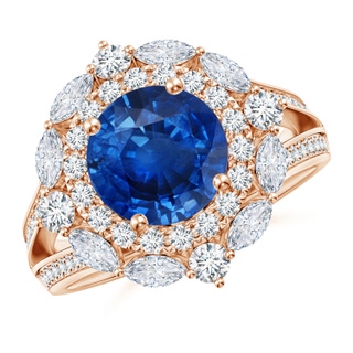 8mm AAA Ornate Round Blue Sapphire Halo Engagement Ring in 9K Rose Gold