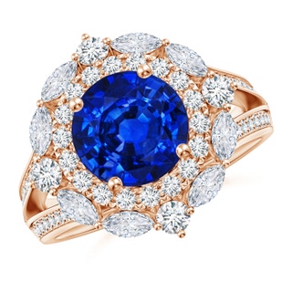 8mm AAAA Ornate Round Blue Sapphire Halo Engagement Ring in 18K Rose Gold