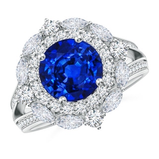 8mm AAAA Ornate Round Blue Sapphire Halo Engagement Ring in P950 Platinum