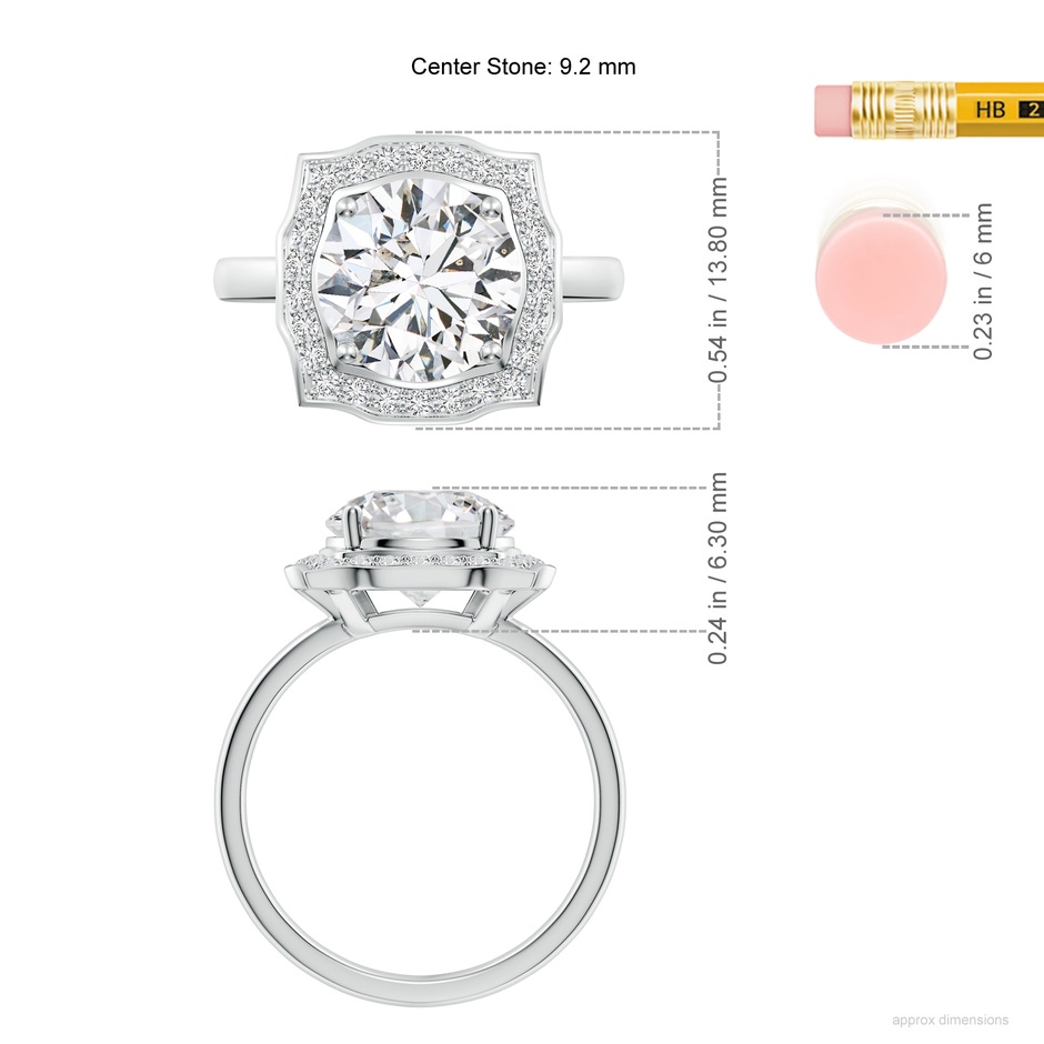 9.2mm HSI2 Art Deco Inspired Round Diamond Halo Engagement Ring in White Gold ruler