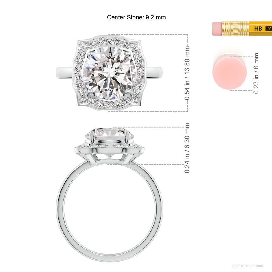 9.2mm IJI1I2 Art Deco Inspired Round Diamond Halo Engagement Ring in White Gold ruler