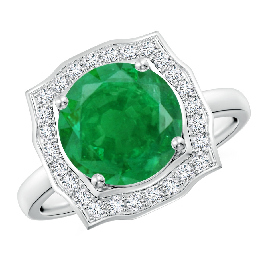 9mm AA Art Deco Inspired Round Emerald Halo Engagement Ring in White Gold 