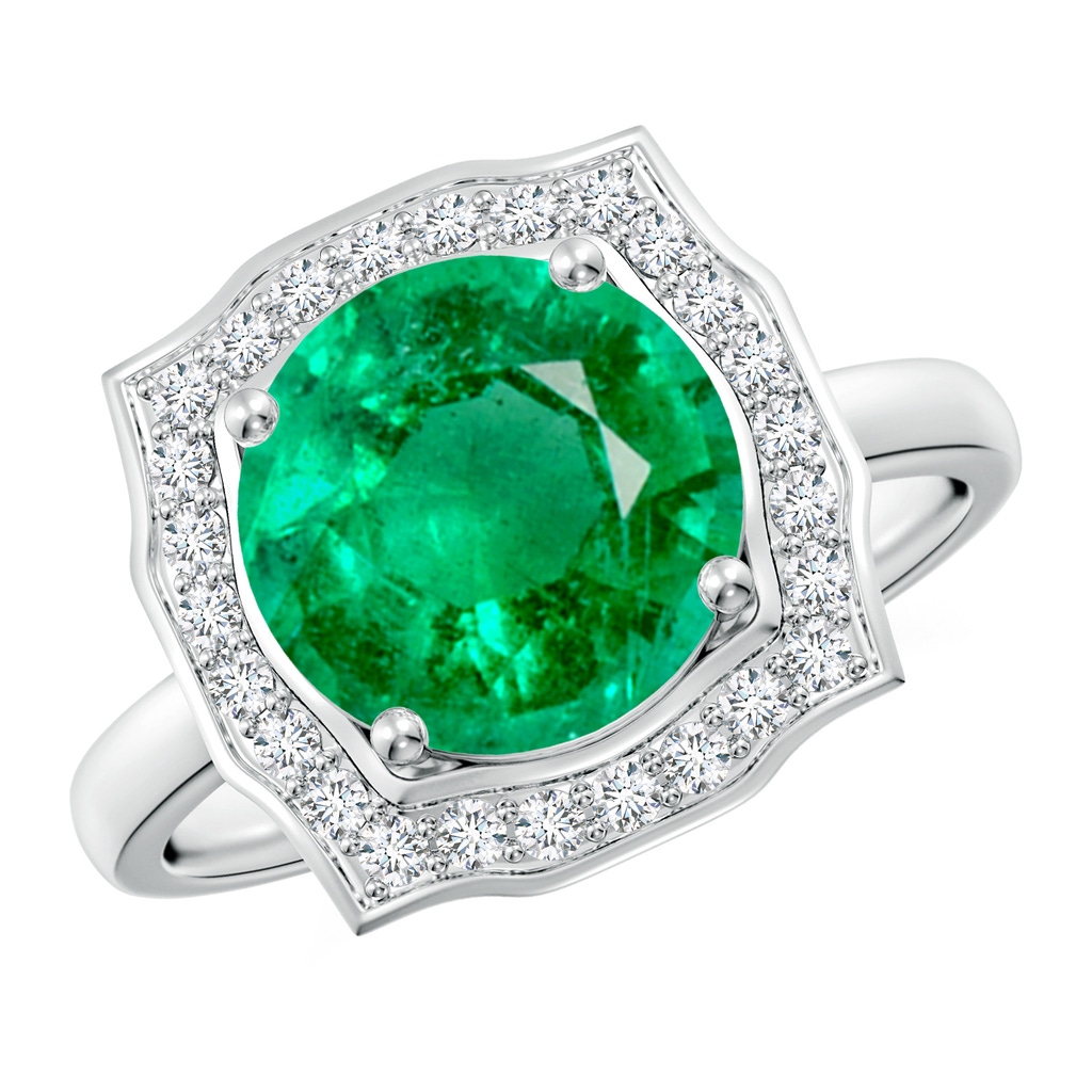 9mm AAA Art Deco Inspired Round Emerald Halo Engagement Ring in White Gold