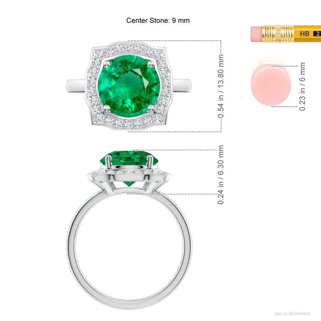 9mm AAA Art Deco Inspired Round Emerald Halo Engagement Ring in White Gold ruler