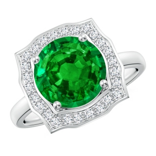 9mm AAAA Art Deco Inspired Round Emerald Halo Engagement Ring in P950 Platinum