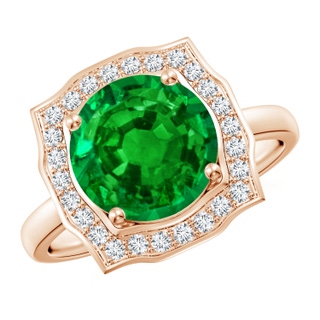 9mm AAAA Art Deco Inspired Round Emerald Halo Engagement Ring in Rose Gold