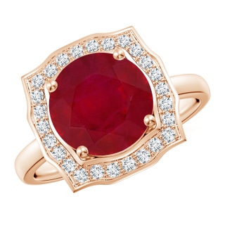 9mm AA Art Deco Inspired Round Ruby Halo Engagement Ring in Rose Gold