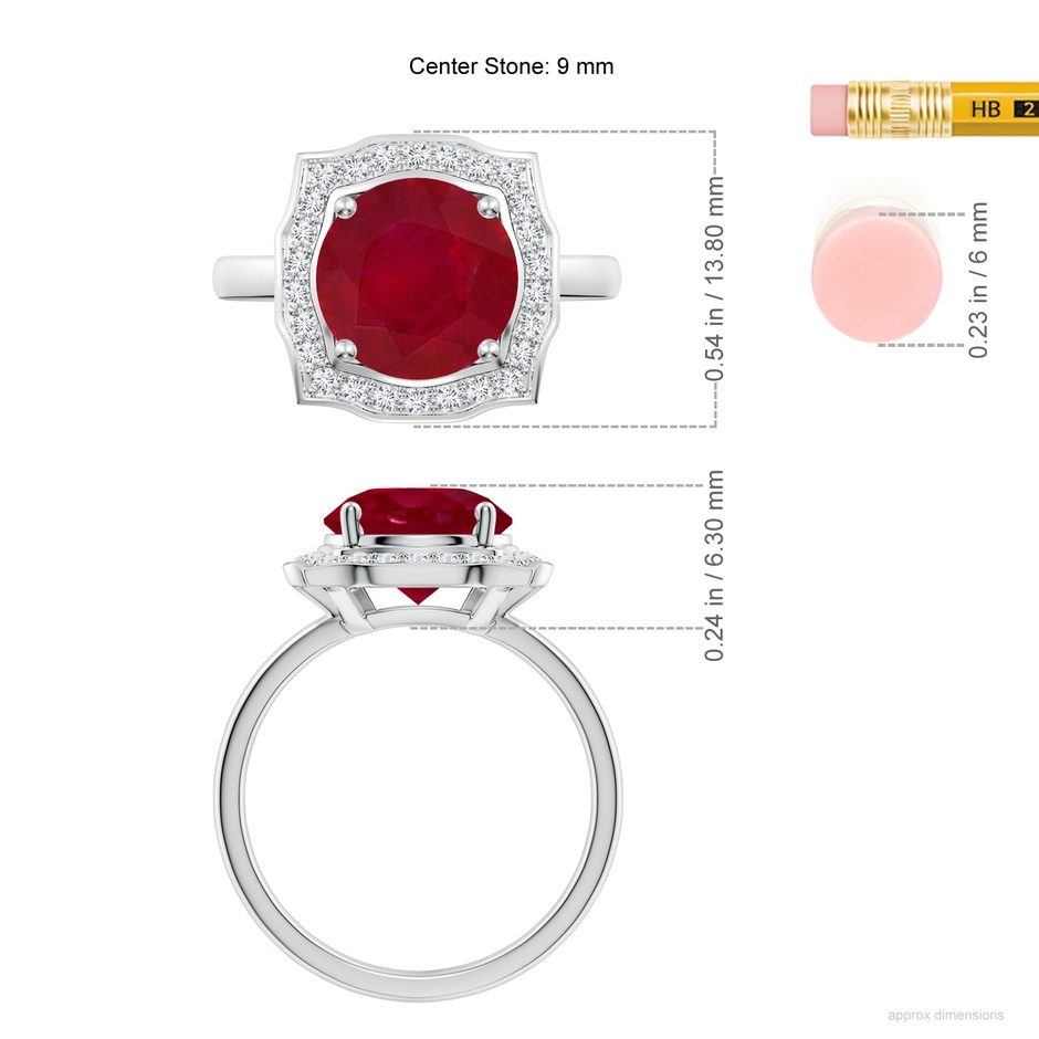 9mm AA Art Deco Inspired Round Ruby Halo Engagement Ring in White Gold ruler