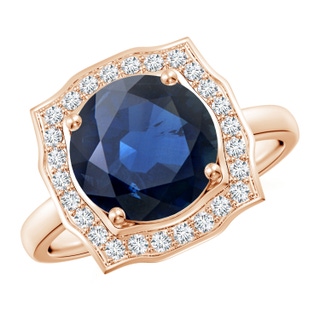 9mm AA Art Deco Inspired Round Blue Sapphire Halo Engagement Ring in Rose Gold