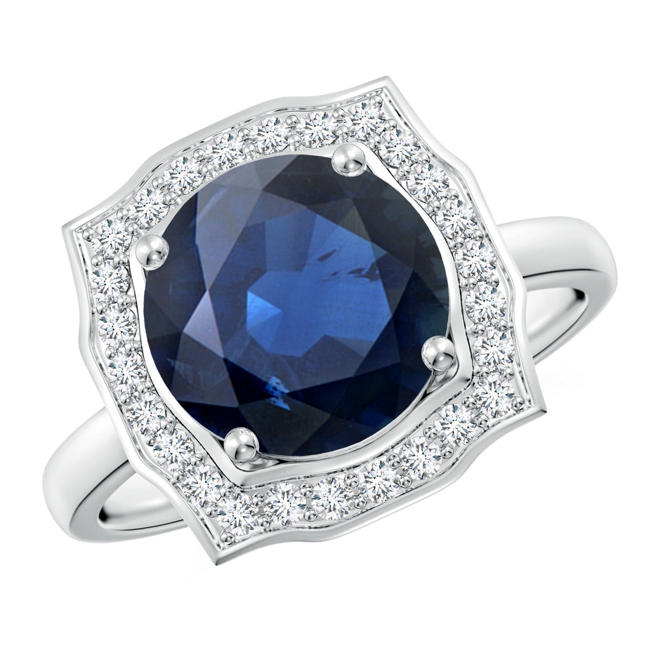 9mm AA Art Deco Inspired Round Blue Sapphire Halo Engagement Ring in White Gold 