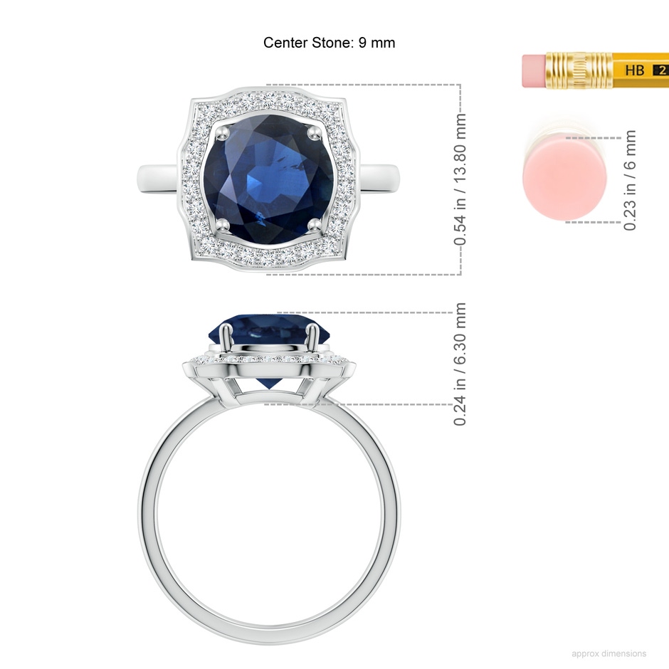 9mm AA Art Deco Inspired Round Blue Sapphire Halo Engagement Ring in White Gold ruler