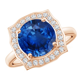 9mm AAA Art Deco Inspired Round Blue Sapphire Halo Engagement Ring in 18K Rose Gold