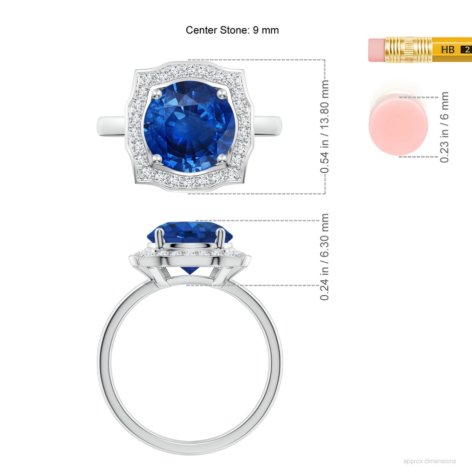 9mm AAA Art Deco Inspired Round Blue Sapphire Halo Engagement Ring in White Gold ruler