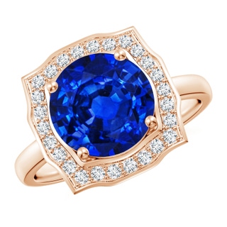 9mm AAAA Art Deco Inspired Round Blue Sapphire Halo Engagement Ring in 18K Rose Gold