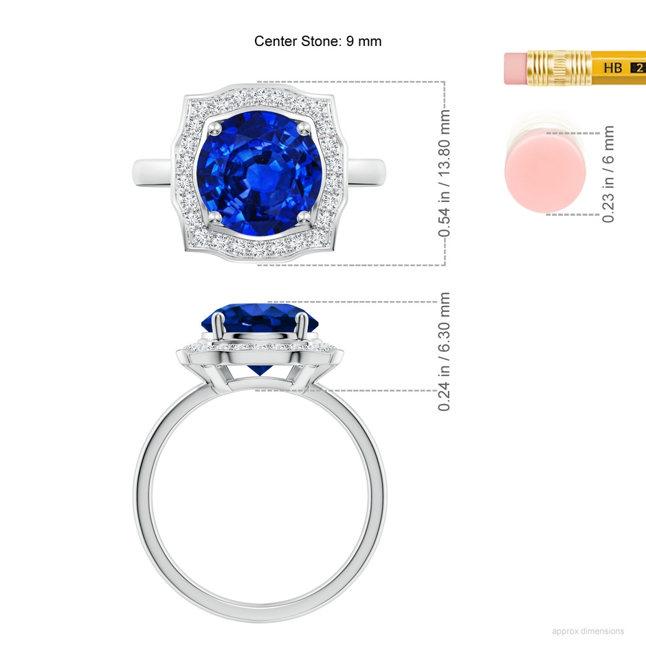 9mm Lab-Grown Art Deco Inspired Round Blue Sapphire Halo Engagement Ring in White Gold ruler