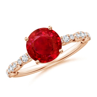 8mm AAA Classic Round Ruby Crescent Engagement Ring in 18K Rose Gold