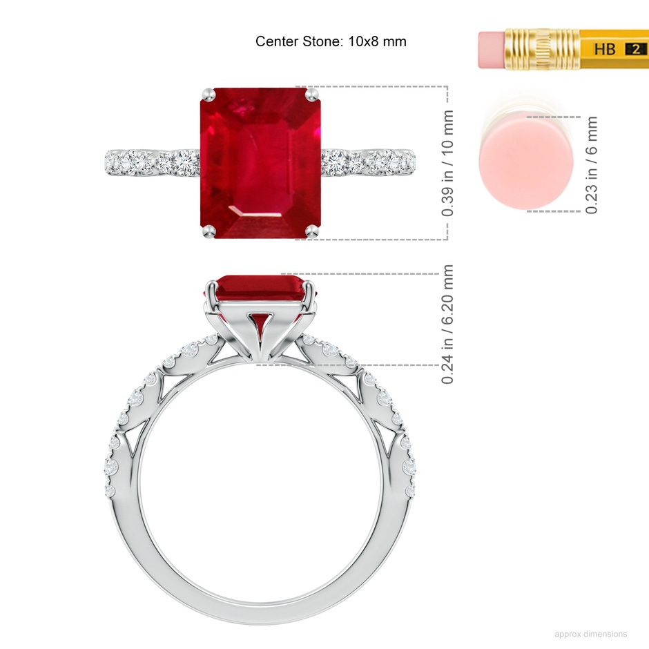 10x8mm AAA Classic Emerald-Cut Ruby Crescent Engagement Ring in White Gold ruler