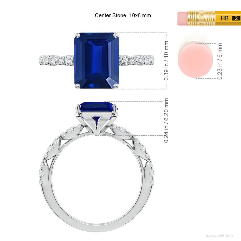 10x8mm Lab-Grown Classic Emerald-Cut Blue Sapphire Crescent Engagement Ring in White Gold ruler