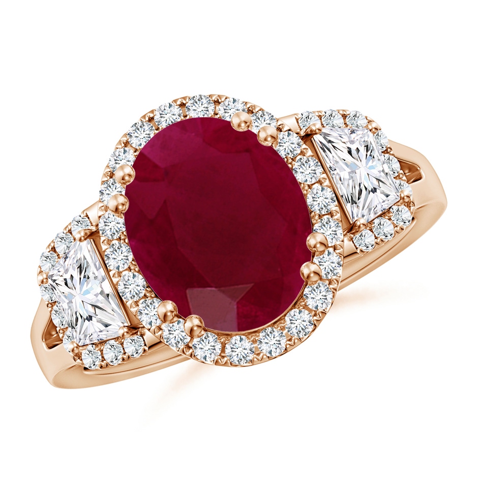 10x8mm A Three Stone Oval Ruby and Trapezoid Diamond Halo Engagement Ring in Rose Gold 