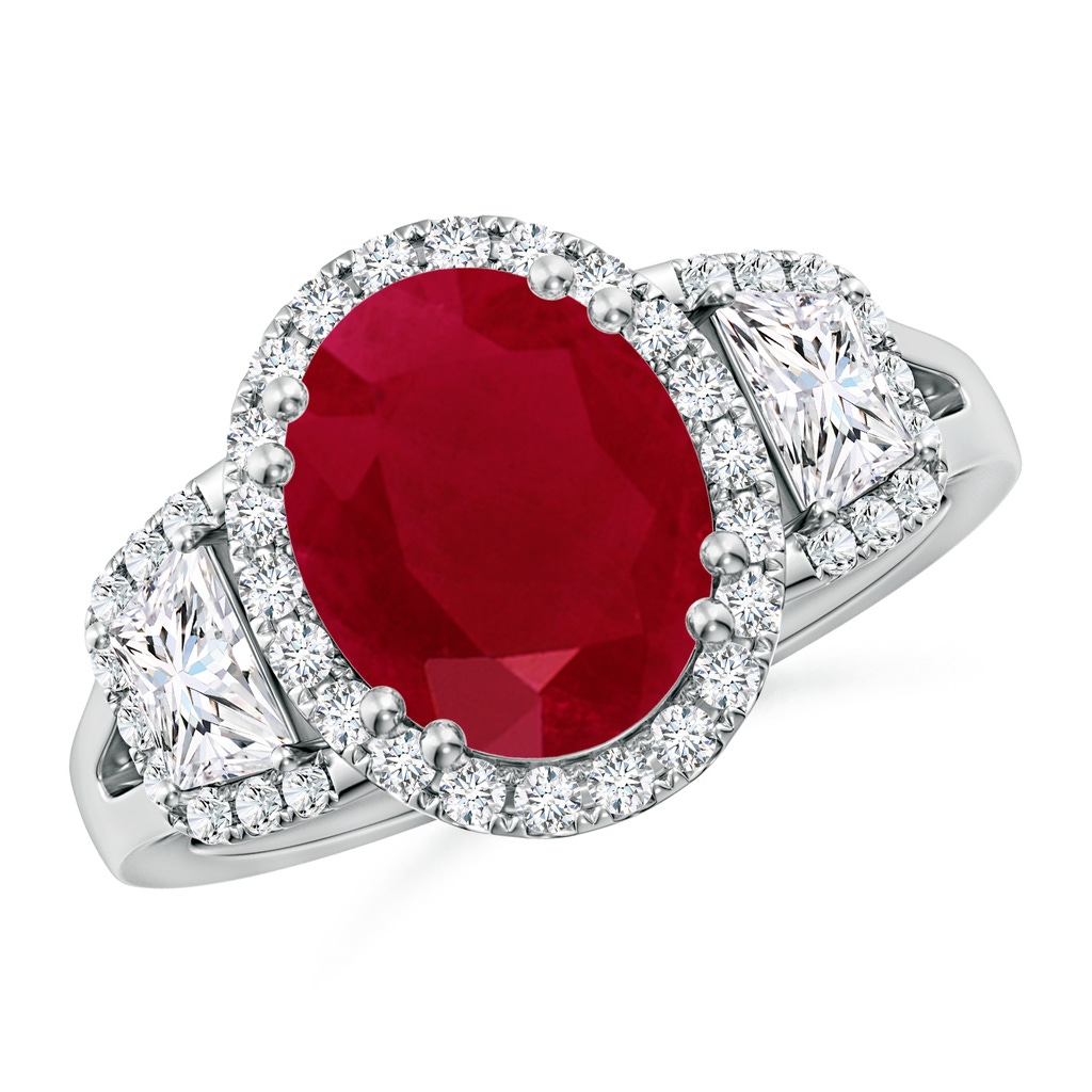 10x8mm AA Three Stone Oval Ruby and Trapezoid Diamond Halo Engagement Ring in White Gold