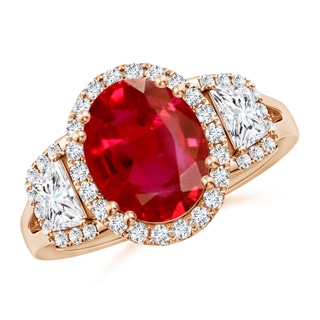 10x8mm AAA Three Stone Oval Ruby and Trapezoid Diamond Halo Engagement Ring in Rose Gold
